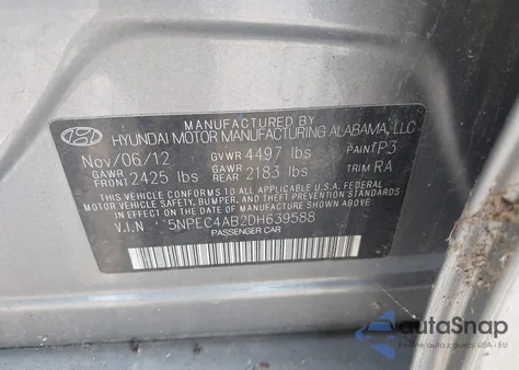 2013 Hyundai Sonata Limited 2.0T из США, поврежденный, VIN 5NPEC4AB2DH639588